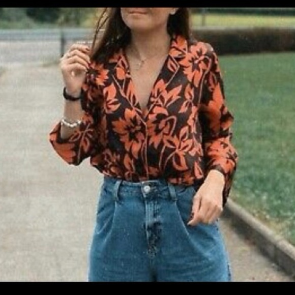 Zara Button Down Satin Blouse Brown Pink Floral L - Picture 2 of 10